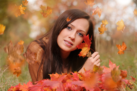 Autumn portrait of beautiful caucaisan girlの写真素材