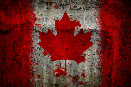 Canada flag painted on old rusty metal backgroundの写真素材