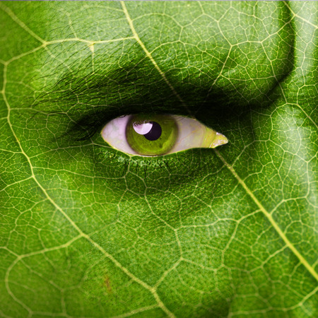 green Leaf texture on human face. Ecology concept.の写真素材