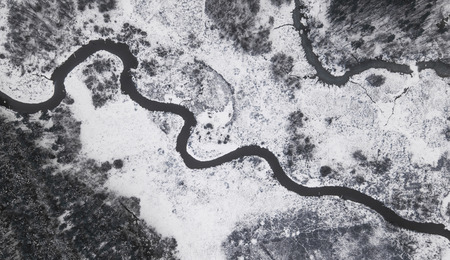 Aerial landscape of natural river in winterの写真素材