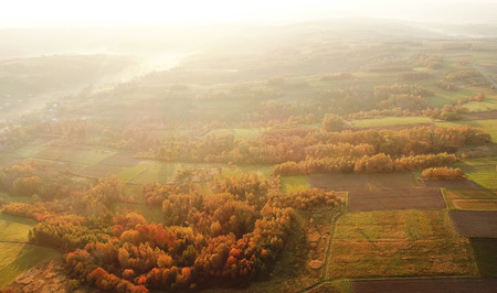 Aerial landscape - autumn fields at sunriseの写真素材