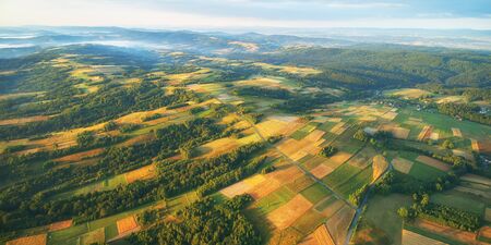 Drone aerial view - fields on the morningの写真素材