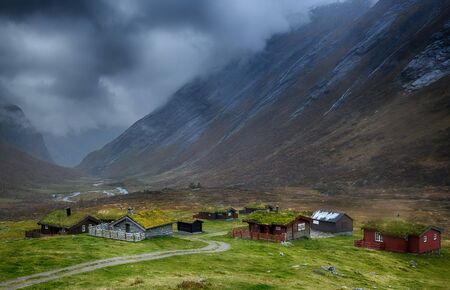 Landscape of old village in mountains - Norwayの写真素材