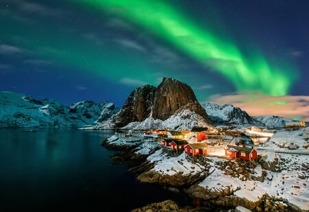 Aurora borealis over Hamnoy in Norwayの写真素材