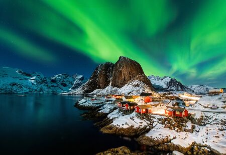 Aurora borealis over Hamnoy in Norwayの写真素材