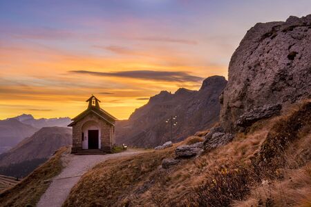 Sunrise in Italian dolomites during autumnの写真素材