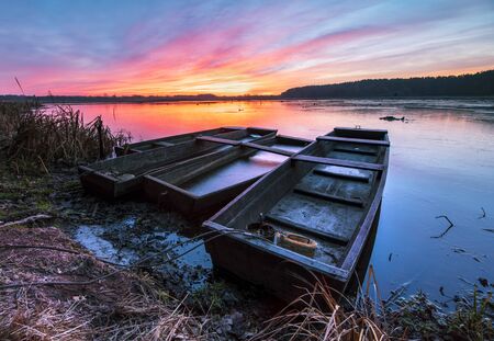 Beautiful sunrise over lake banksの写真素材