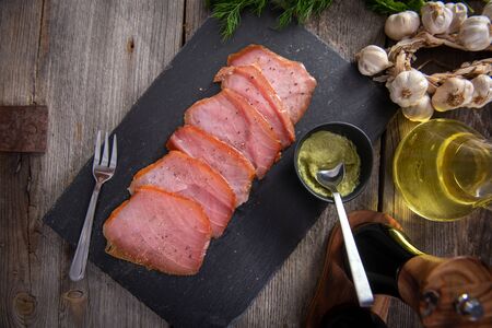 Tasty cold smoked tuna slicesの写真素材