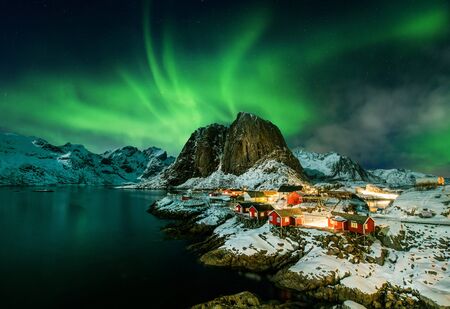 Aurora borealis over Hamnoy in Norwayの写真素材
