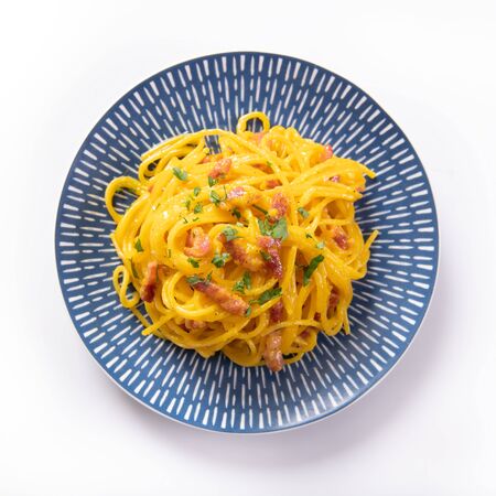 Delicious carbonara pasta close upの写真素材