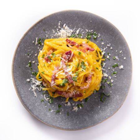 Delicious carbonara pasta close upの写真素材