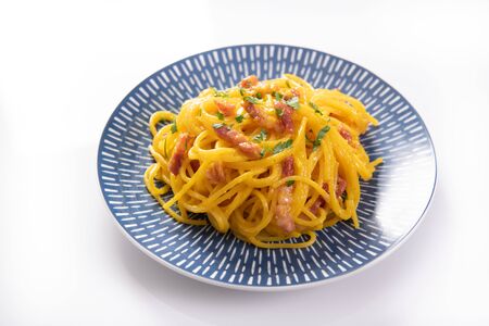 Delicious carbonara pasta close upの写真素材