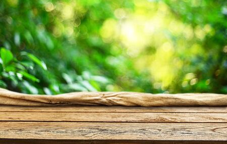 Spring green background wooden tableの写真素材