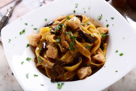 Tagiatelle pasta with creamy sauce with porcini mushroomsの写真素材