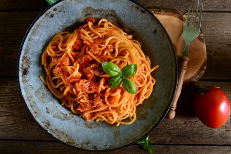 Tasty spaghetti pasta with tomato sauceの写真素材