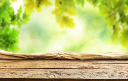 Spring green background wooden tableの写真素材