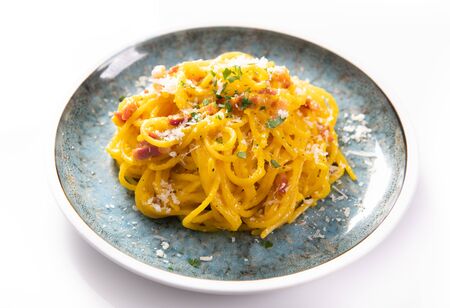 Delicious carbonara pasta close upの写真素材