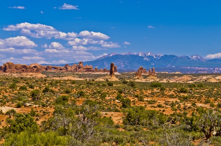 Arches Rock Formations with La Sal Mountains in the Backgroundの写真素材