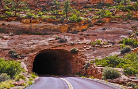 Tunnel on the road leading towards Zion Canyonの写真素材
