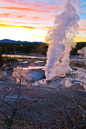 Spectacular Shot of Norris Geyser Basin after sunsetの写真素材