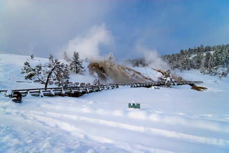 Spectacular shot of Yellowstone Mammoth geyser in winterの写真素材