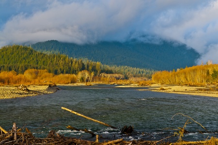 Quinault River landscape against dramatic cloudy skyの写真素材