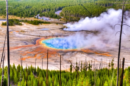 Grand Prismatic Geyser at Sunset photographed from the Hillの写真素材