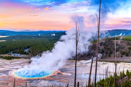 Grand Prismatic Geyser at Sunset photographed from the Hill