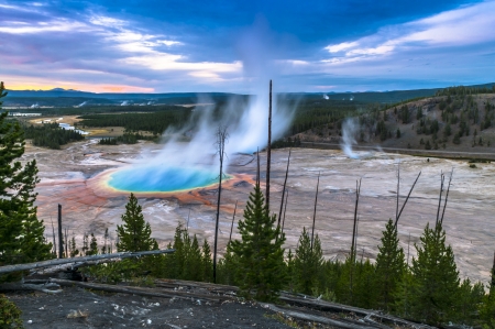 Grand Prismatic Geyser at Sunset photographed from the Hillの写真素材