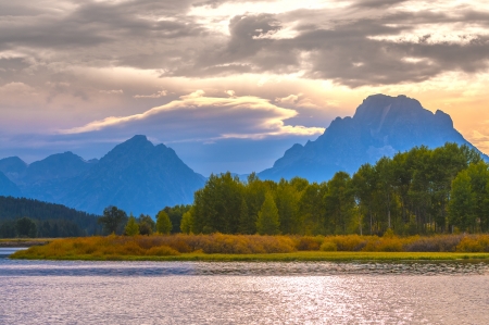 Amazing Sunset over Grand Tetons taken from the Oxbow Bend Turnoutの写真素材