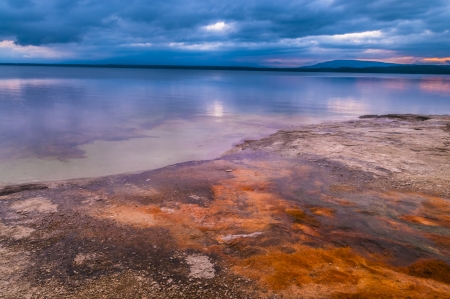 Dramatic Morning Sky at Yellowstone Lake near Lakeshore Geyserの写真素材