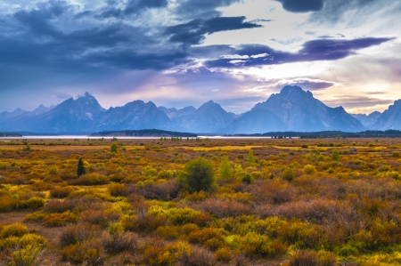 Dramatic Sky over Grandt Tetons as seen from Willow Flats Overlook の写真素材