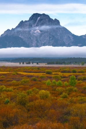 Grand Teton Peaks covered in thick fog - taken from willow flatsの写真素材