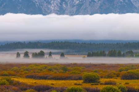 Grand Teton Peaks covered in thick fog - taken from willow flatsの写真素材