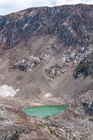 Mica Lake - glacial lake with turquoise coloring due to silt from the now vanished Petersen Glacierの写真素材