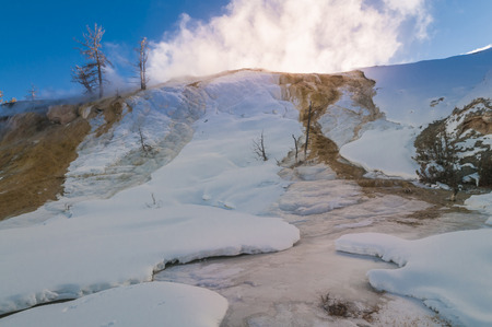 Hot steaming water beautiful cascade geyser - winter landscape in Yellowstone National Parkの写真素材