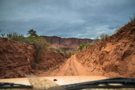 View from the inside of the off road vehicle White Rim Road Utahの写真素材