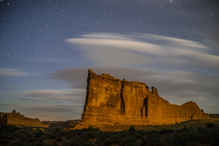 Courthouse Towers at night against beautiful starry skyの写真素材