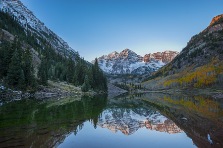 Calm Beautiful September Morning Maroon Bells Reflection in the Lakeの写真素材