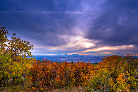 Fall Colors in La Sal Mountains Sunset over the City of Moabの写真素材