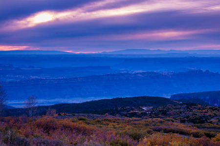 Fall Colors in La Sal Mountains Sunset over the City of Moabの写真素材