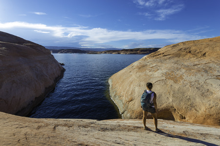 Female Hiker Backpacker near lake Powell Utahの写真素材