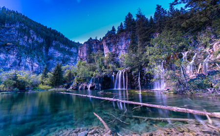 Hanging Lake at Night lid by a moonlight, Glenwood Canyon Coloradoの写真素材