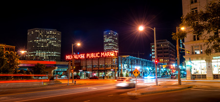 The Milwaukee Public Market in the Historic Third Ward section of Milwaukee Wisconsin  at nightのeditorial素材