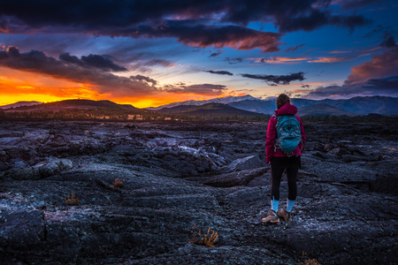 Hiker Backpacker on a trail Craters of The Moon National Monument Idaho の写真素材