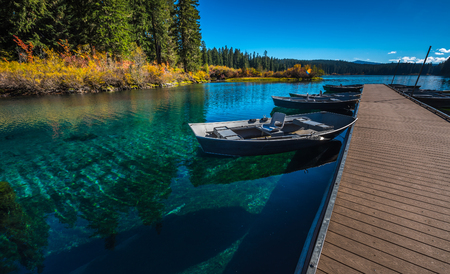 Row Boats tied to a deck Clear Lake Oregonの写真素材
