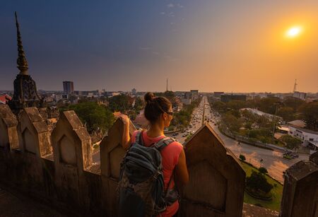 View of the capital city Vientane from Patuxay Monument, Laosの写真素材