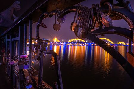 Night view of the Dragon Bridge over the Han River in Da Nang, Vietnamの写真素材