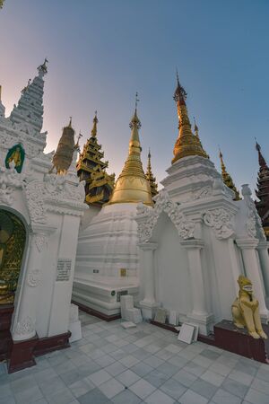 Shwedagon Pagoda architectural details golden stupas Yangon Myanmarの写真素材