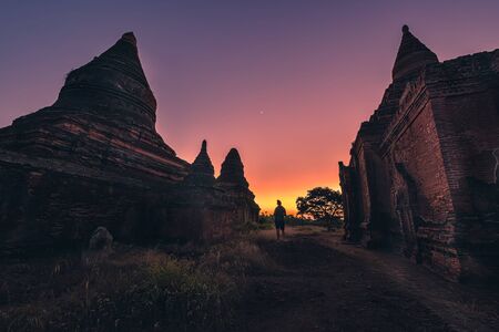 Bagan after Sunset Tourist explores old temples and stupas Myanmar Burmaの写真素材